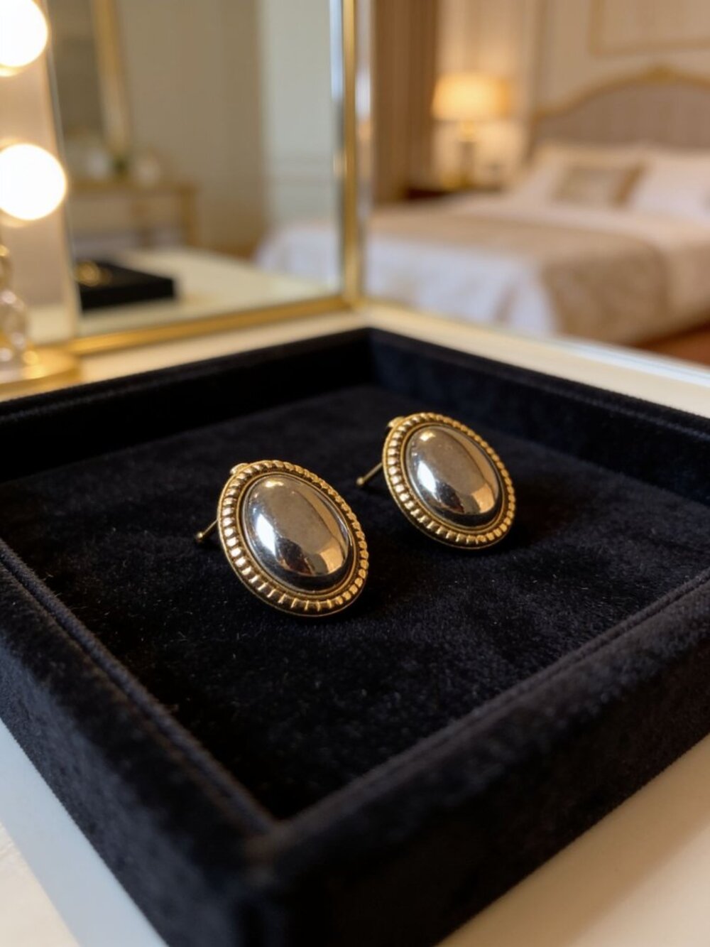 vintage gold,silver tone oval clip on earrings